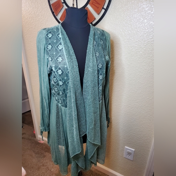 Sweaters - Green Crochet Lace & Linen Duster/Cardigan